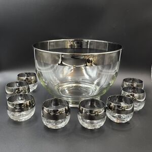 Vintage MCM - Dorothy Thorpe - Silver Wide Band Punch Bowl & 8 Roly Poly Cups
